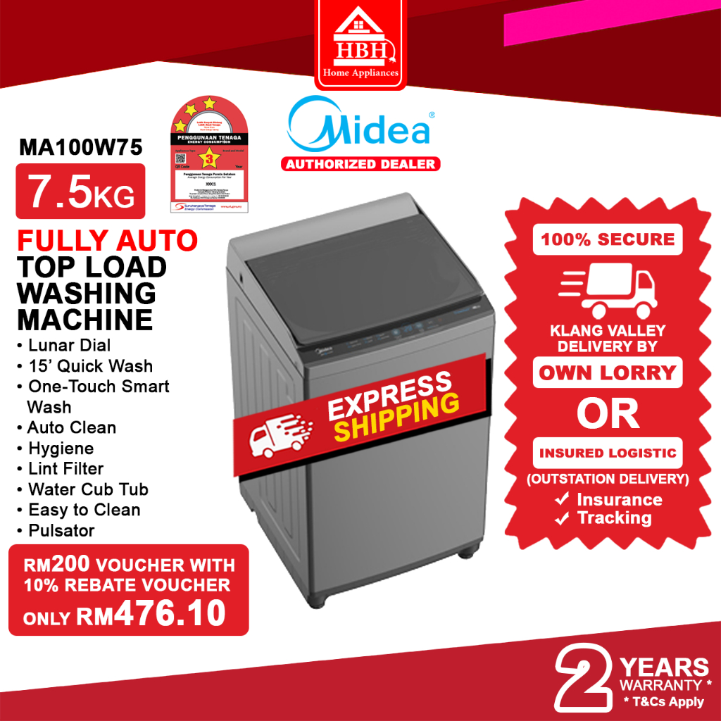 Midea MA100W 7.5kg 8.5kg 9.5kg Fully Auto Top Load Washer Washing Machine Mesin Basuh MA100W75 MA100W85 MA100W95