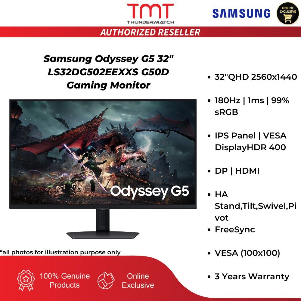 Samsung Odyssey G5 LS32DG502EEXXS G50D Gaming Monitor | 32" QHD 2560x1440  | 180Hz /1ms / 99% sRGB |