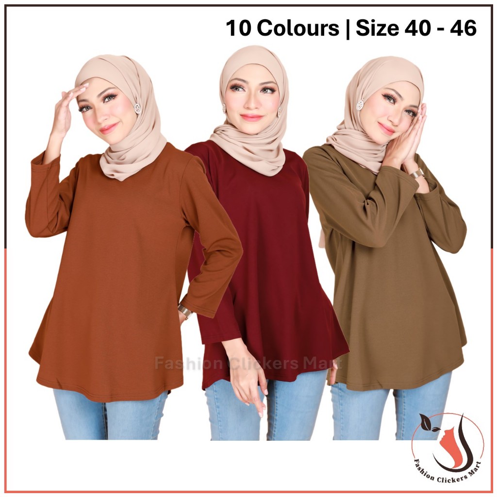 FC Mart - Peplum Muslimah Long Sleeve Cotton Blouse / Baju Blause Wanita Lengan Panjang Fesyen Moden