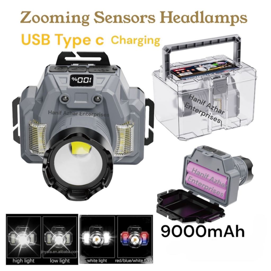 Rechargeable Sensors Headlamp Zooming 4 Gears Flashlight Type c USB Charging Red/Blue/White Flash