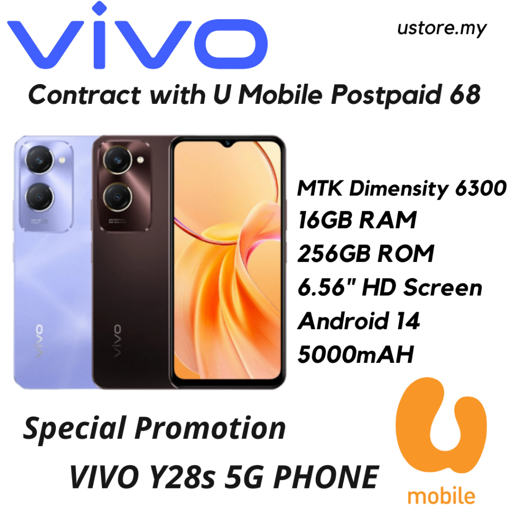 VIVO Y28s 5G Phone (16GB+256GB) Bundle U Mobile Postpaid 68 with 24 Months Contract / Malaysia original telco set