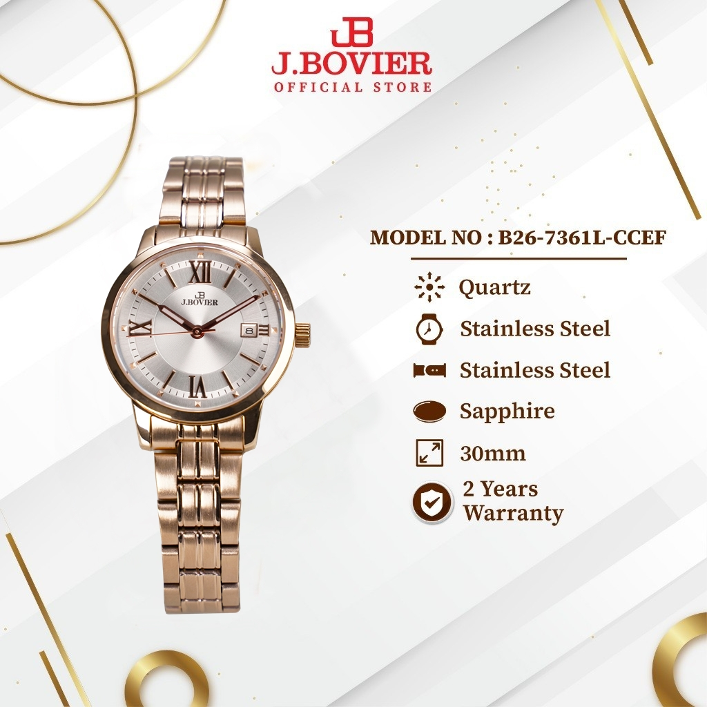 [2 Years Warranty] J.Bovier Quartz Women Watch Jam Tangan Wanita B26-7361L-CCEF