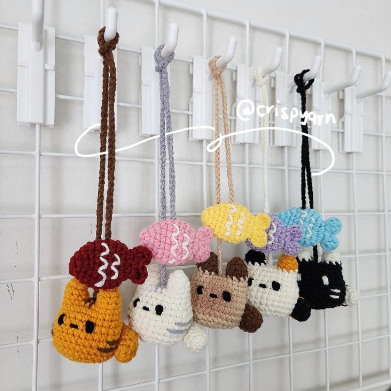 Crochet Cat and Fish, Hanging Car Accessories, Bag Keychain