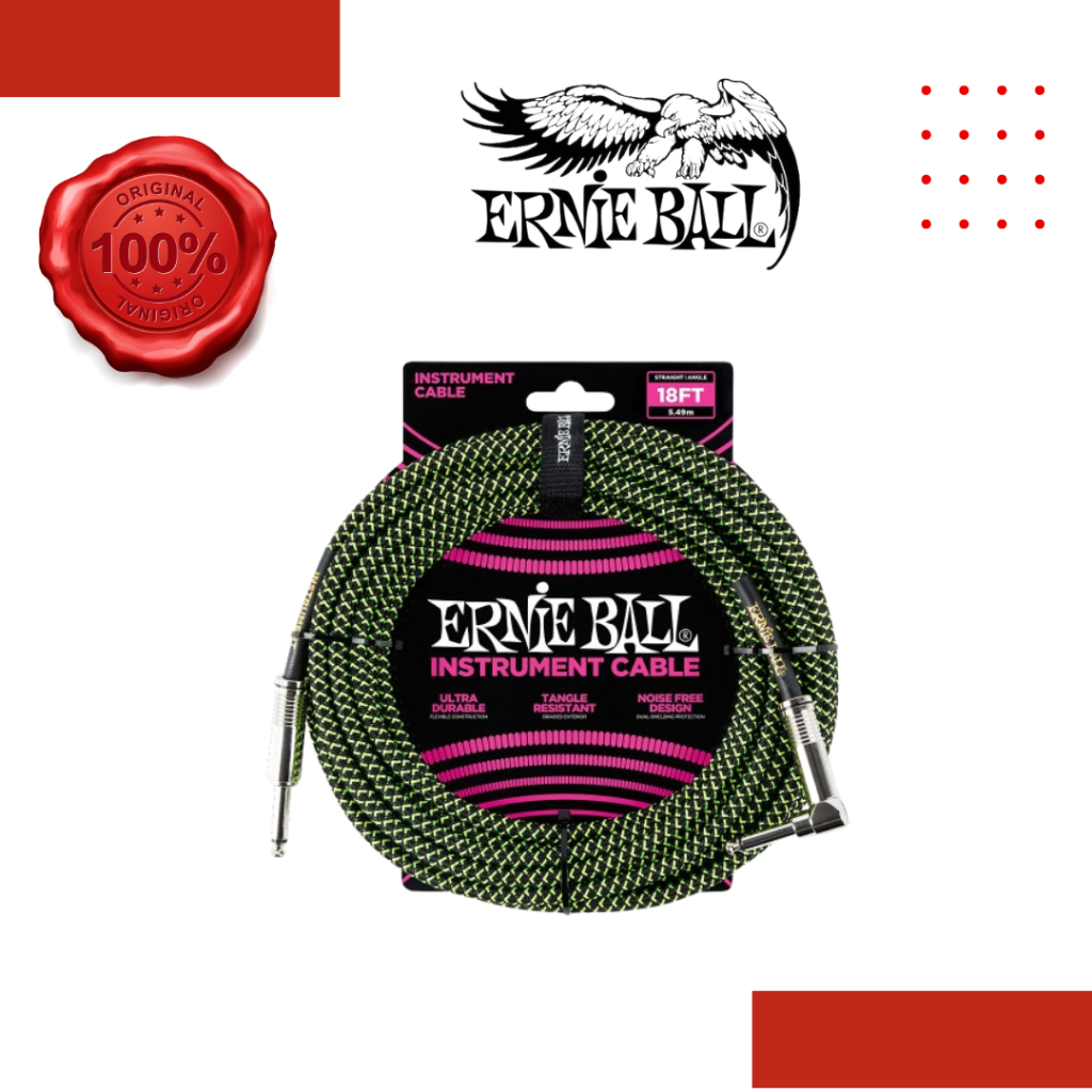 Ernie Ball P06082 Braided Straight to Right Angle Instrument Cable, Black & Green, 18ft