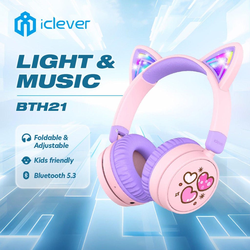 iClever Kids Bluetooth Headphones, BTH21 Cat Ear Wireless Kids Headphones LED Lights Up, 74/85dBA Volume Limited, 60H