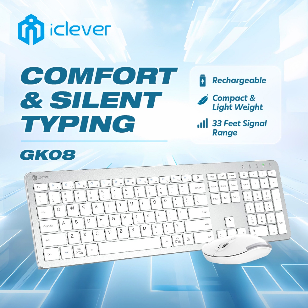 iClever GK08 Wireless Keyboard and Mouse Rechargeable Wireless Keyboard Ergonomic Full Size Design with Number Pad