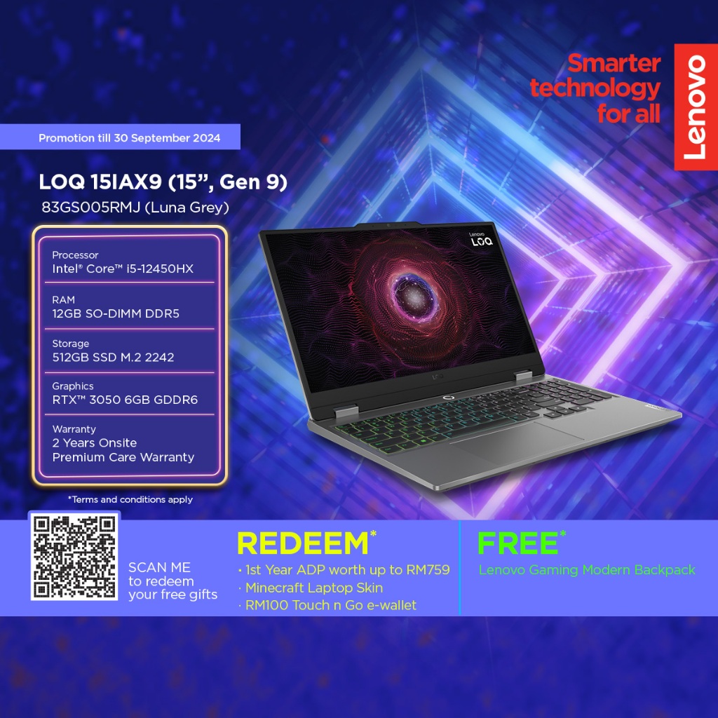 LENOVO LOQ AI GAMING LAPTOP 83GS005RMJ (I5-12450HX /12GB RAM/512GB/15.6 FHD 144HZ/6GB RTX3050/LA1 AI CHIP/W11/BAG/2Y)