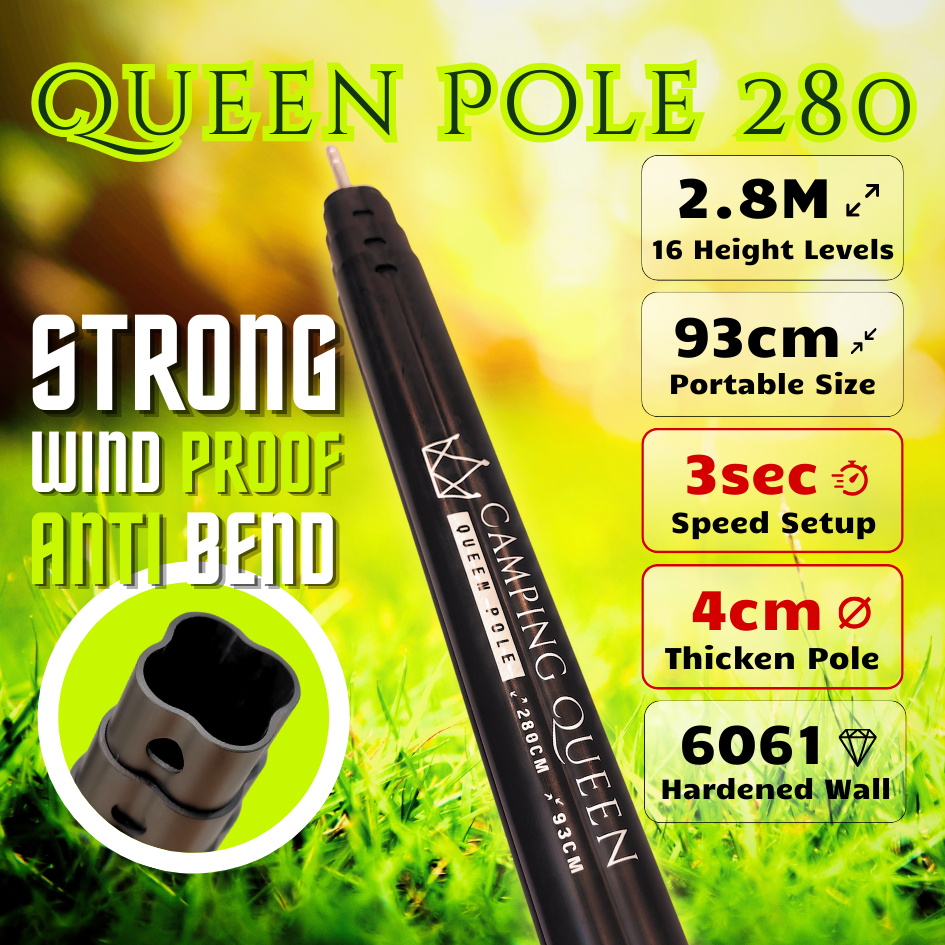 [Queen Pole 280] Best Portable Camping Pole 2.8M | Large Flysheet | 3-Sec Setup | 16 Adjust Levels