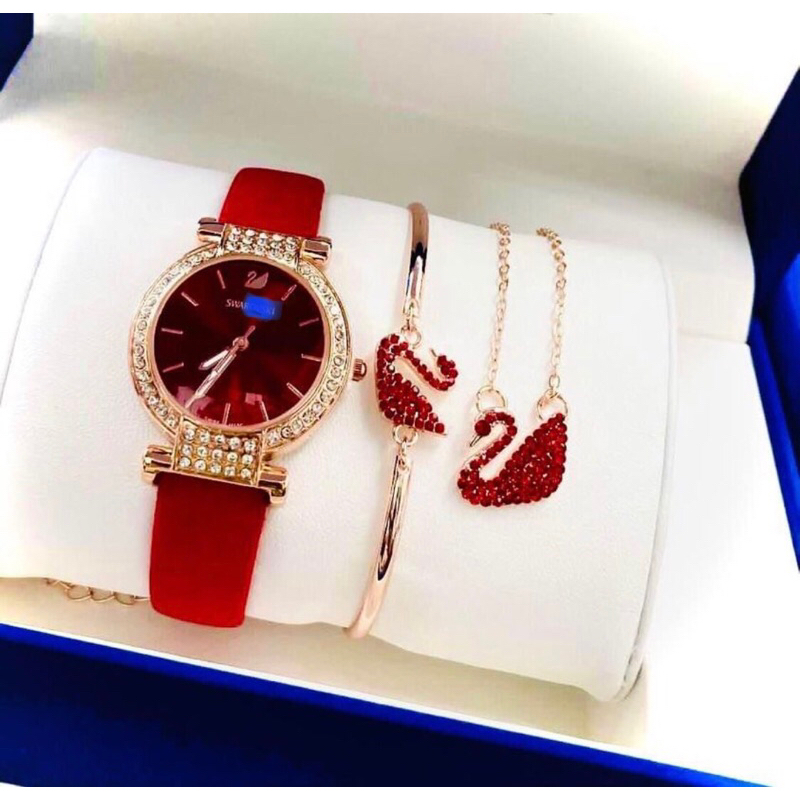 S-WAROVSKI Women’s Luxury Crystal Watch & Jewelry Set - Elegant Analog Timepiece with Matching Swan