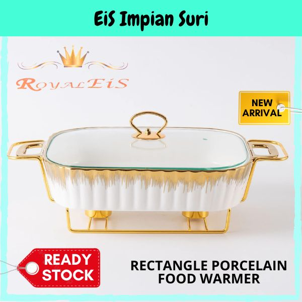 (Ready Stock!!)Royal Eis Nordic White with Gold Painting Food Warmer Underglaze Rectangle Chafer w Glass Transparent Lid