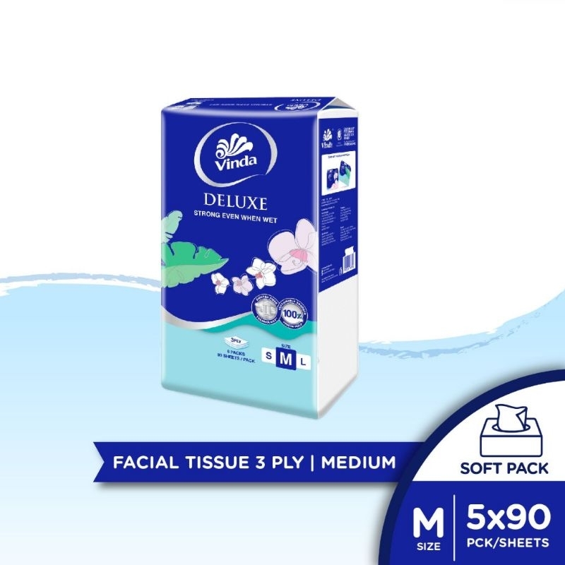 Vinda Deluxe Soft Pack Facial Tissue Medium 3-ply (90s x 5)