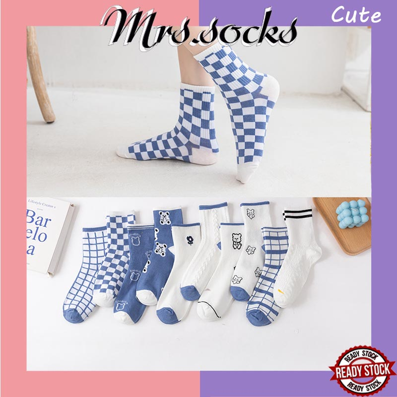 Mrs.socks Blue Pattern Corak Socks Crew Socks Women Stokin Pendek Perempuan Stoking Comel Stocking Woman Kaos Kaki 袜子女