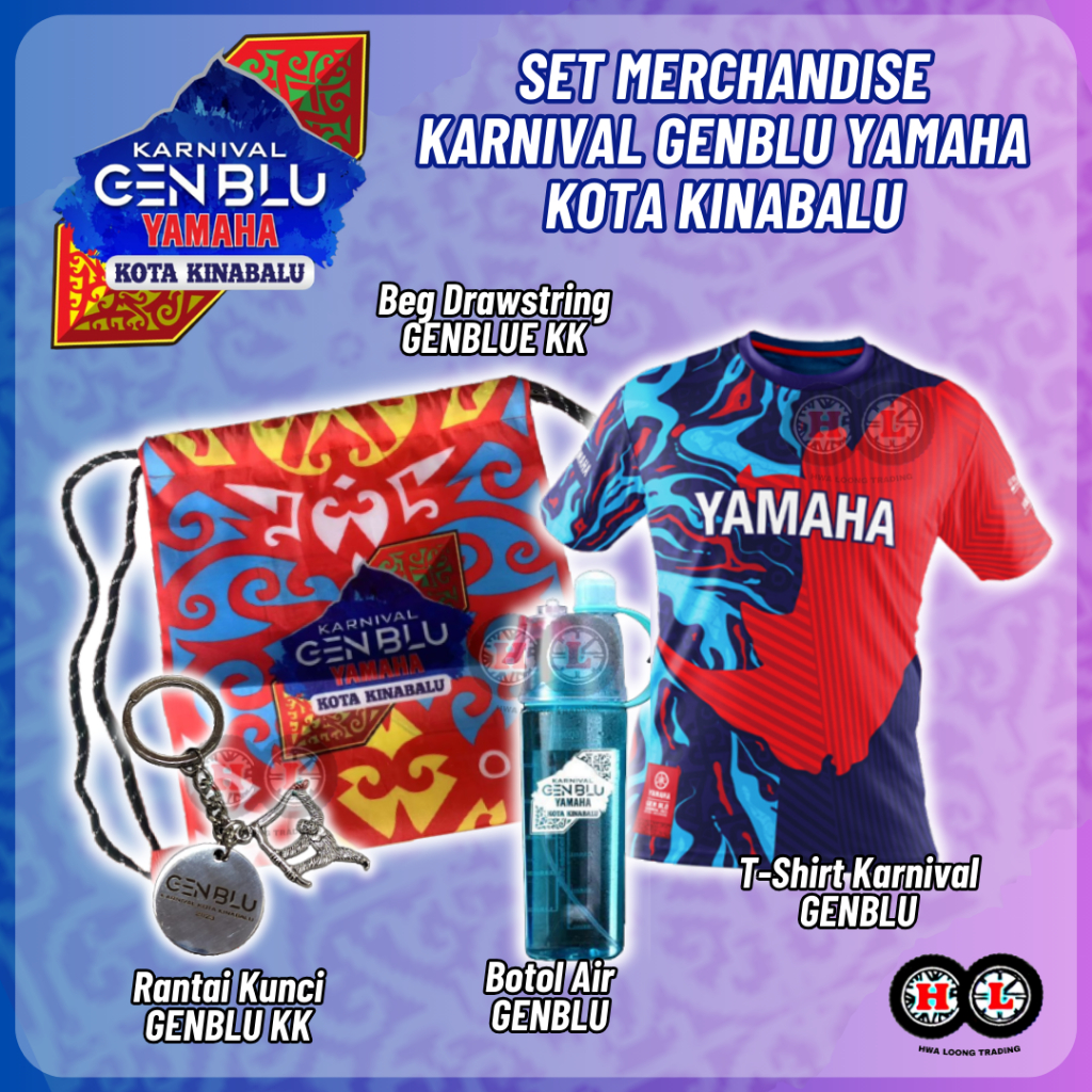 YAMAHA GENBLU T SHIRT YAMAHA GENBLU BAG YAMAHA KEYCHAIN GENBLU ( SET MERCHANDISE KARNIVAL GENBLU YAMAHA KOTA KINABALU )