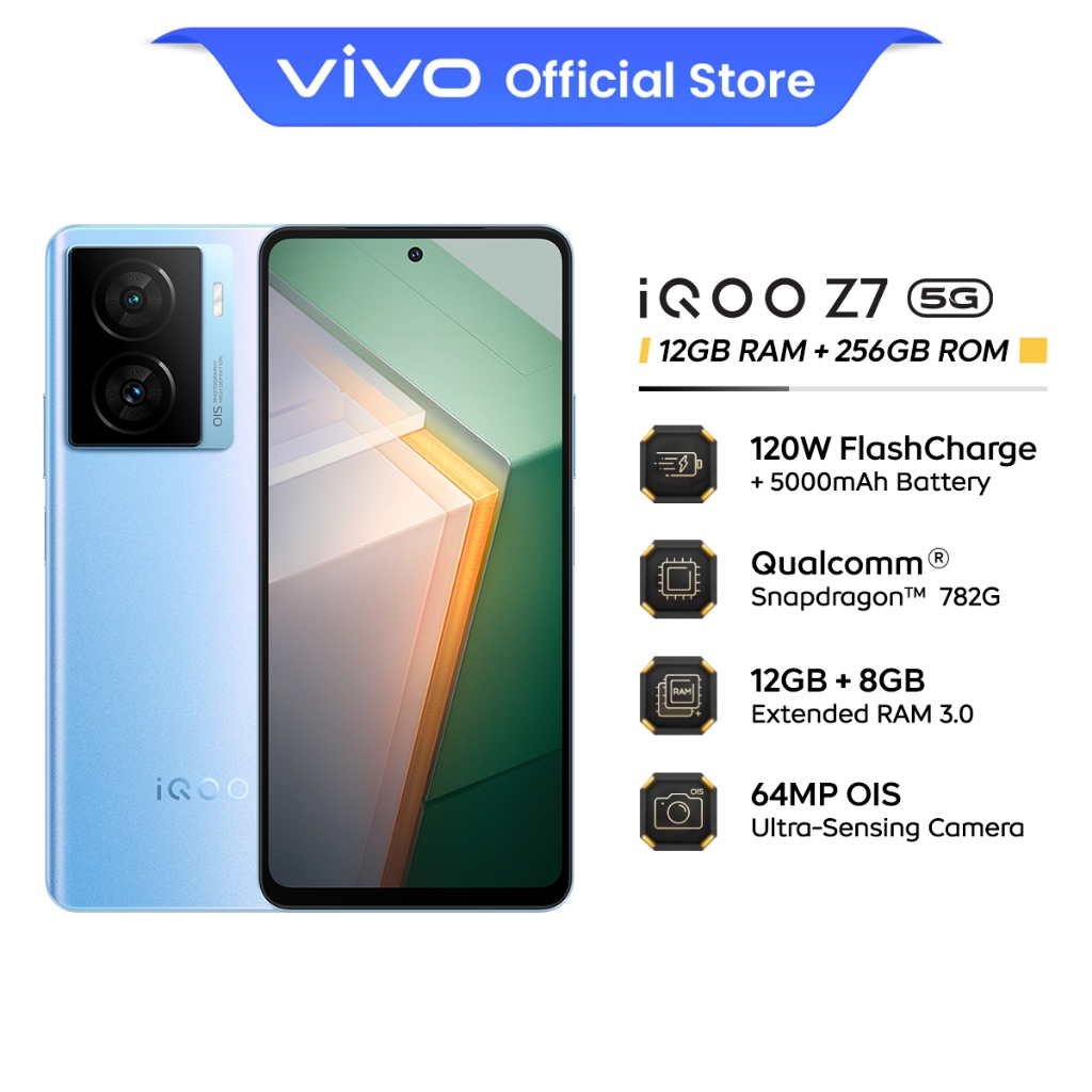 vivo iQOO Z7 5G 12+8GB Extended RAM, 256 GB ROM, Snapdragon 782G, 120Hz FHD+DotDisplay64MP OIS Ultra-Sensing Camera