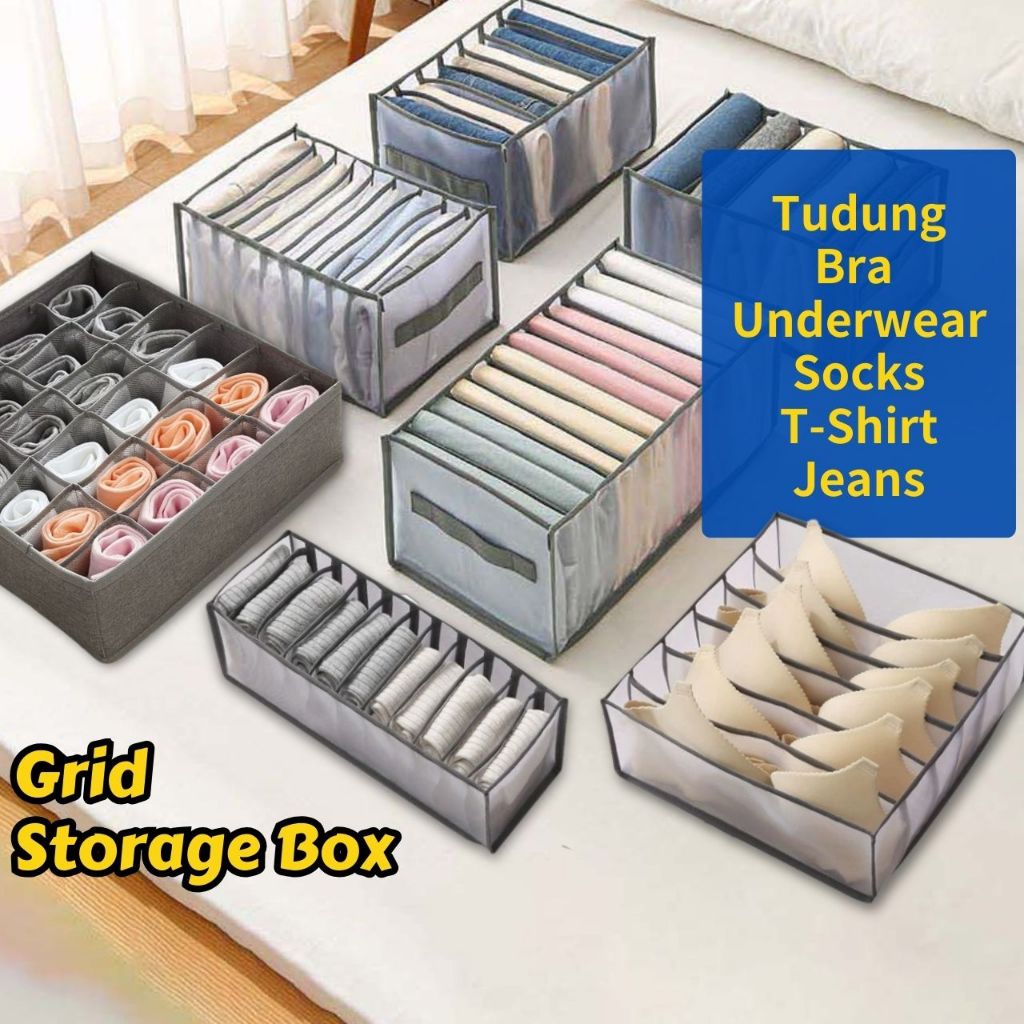 6/7/9/11 Grids Underwear Tudung Clothes Organiser Box Stackable Wardrobe Drawer Organizer Jeans Pants Socks Storage Box