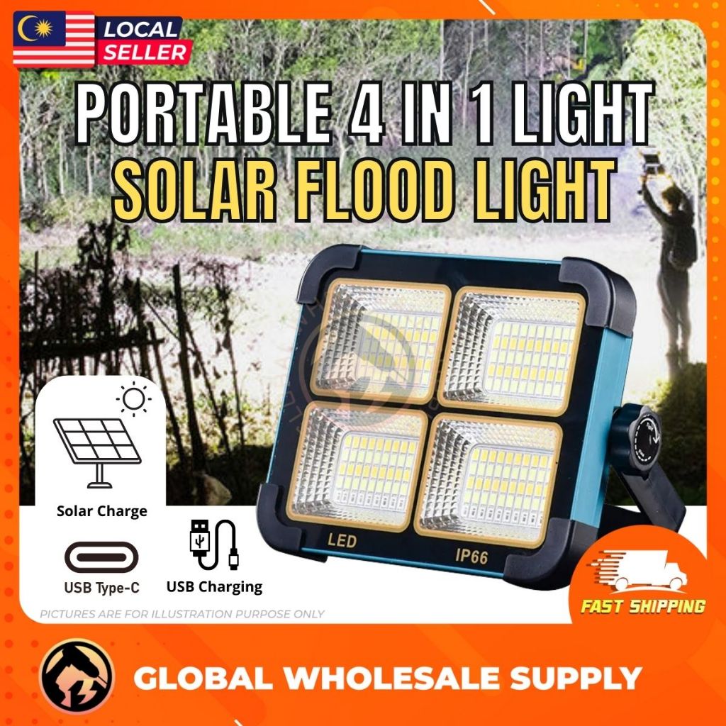 Portable Solar Flood Light LED SOS Red Blue Warning Light Outdoor Camping Light Powerbank Lampu Suluh Bright Floodlight