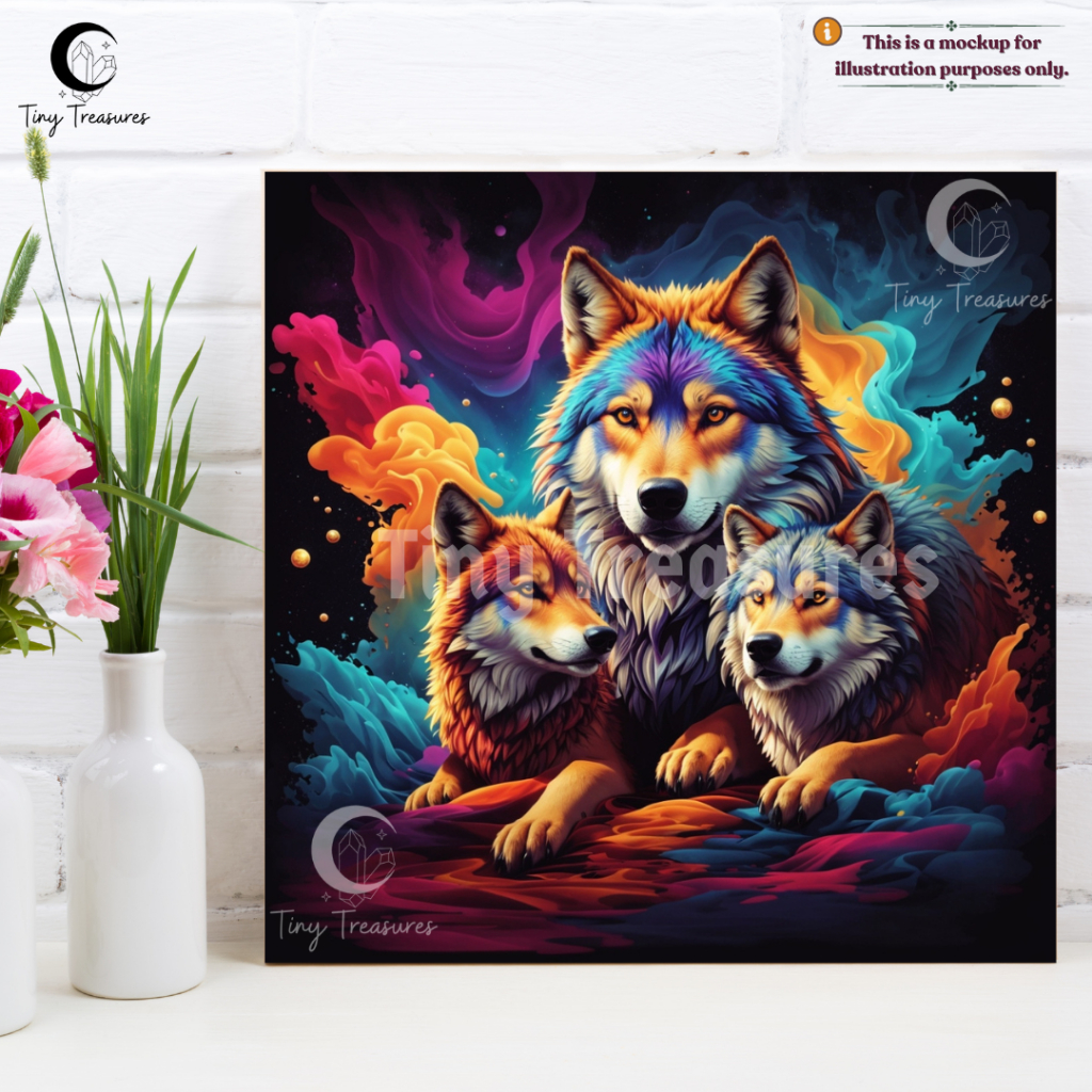 Family of Wolves Multicolor Splash Art Canvas Wildlife Photography Pet Portrait Home Decor Animal Lover Nature Lover