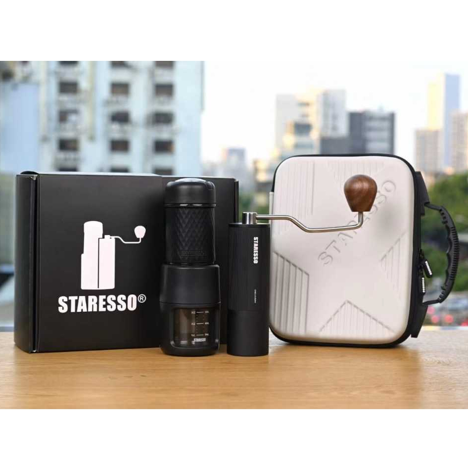 STARESSO Classic Combo Set (SP200 Basic Portable Espresso Maker + D6 Special Edition Matt Black Manual 5 STAR Grinder)