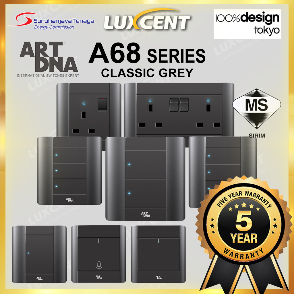 ART DNA A68 Elegant Series Wall Switch & Socket 20A 1/2/3/4 Gang 1/2 Way Doorbell Flat Universal [Classic Grey]