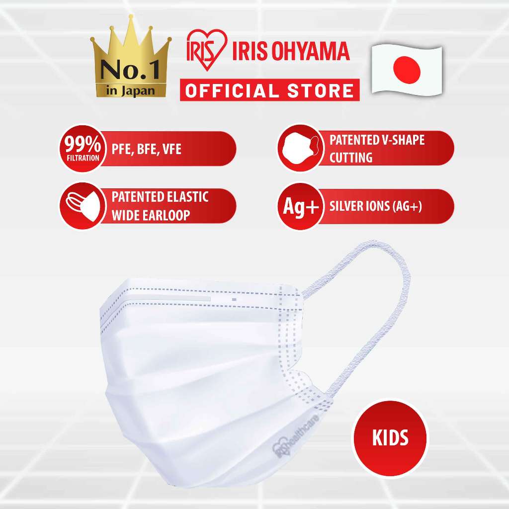 IRIS OHYAMA Kids Mask Disposable White Face Mask Earloop Anti Dust Bacterial Particle Virus 3 Ply (30 Pcs/Box)