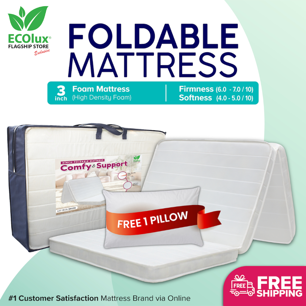 FREE SHIPPING Ecolux Foldable Portable &amp; Foldable Mattress (3") FREE Carry Bag &amp; 1 Pillow