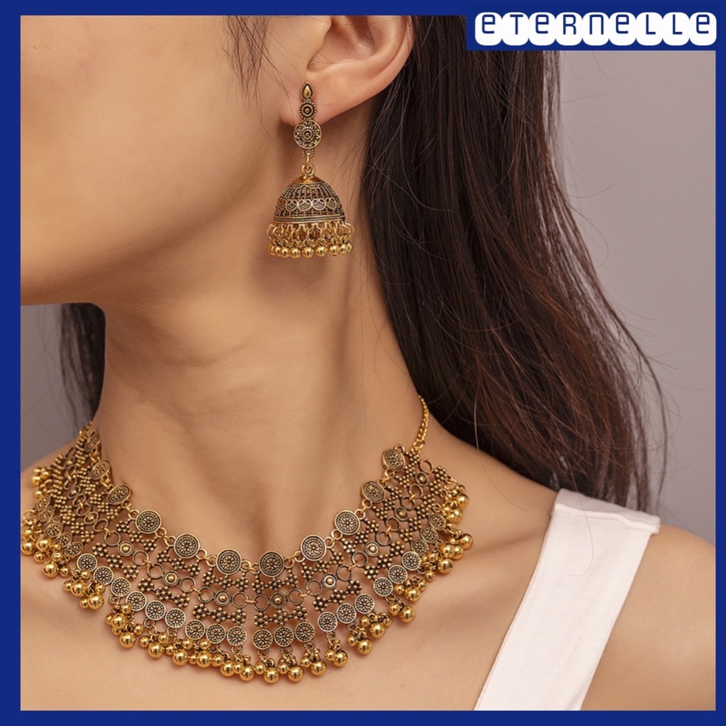 Fashion Women Ethnic Gold Color Hollow Geometric Necklace Earrings Set Vintage Wedding Bijoux Indian African Jewelry Set