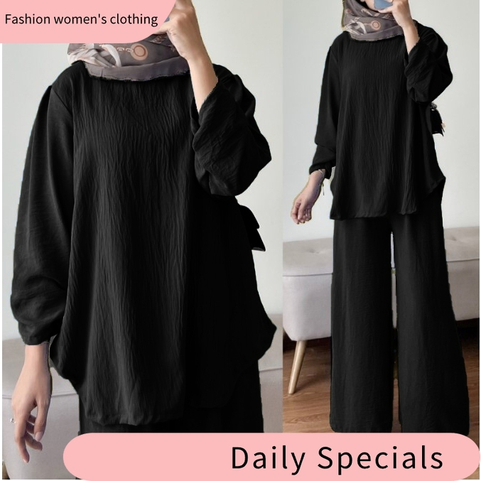 [READY STOCK] SET WANITA LOOSE CUTTING CEY CREPE. BAJU KURUNG NEW BAJU + SELUAR SET MAWAR IRONLESS