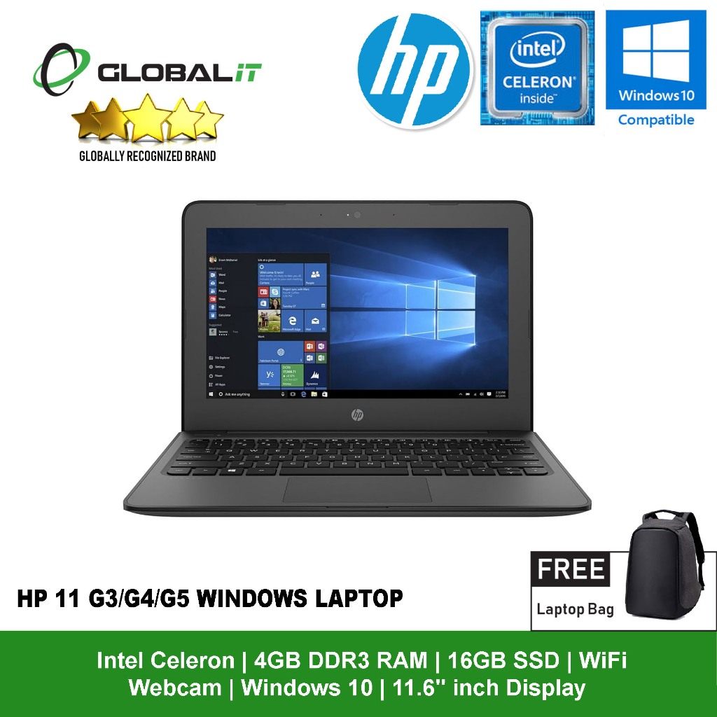 (Refurbished Notebook) HP G3/G4/G5 Windows Laptop / 11.6 inch Display / Intel Celeron / 4GB RAM / 16GB SSD / Windows 10