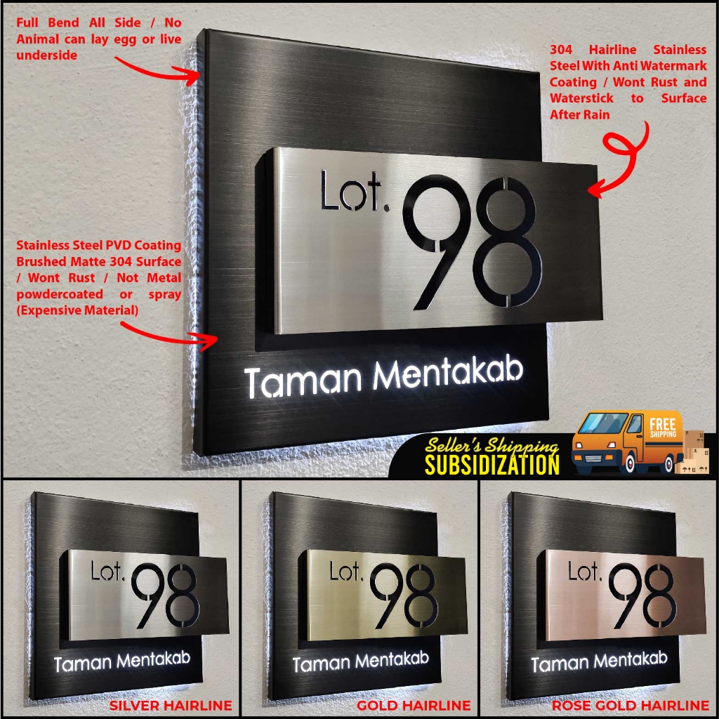 CUSTOM MADE Stainless Steel 304 Laser House Plate Address Nombor Rumah Metal 3D Boxed Floating Design Led Light