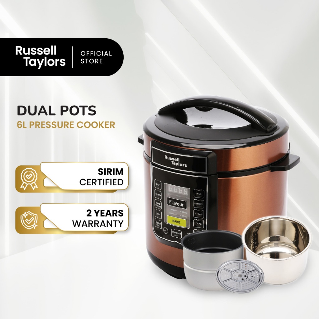 Russell Taylors Dual Pot Pressure Cooker Rice Cooker 2 Pots + Steam (6L) PC-60