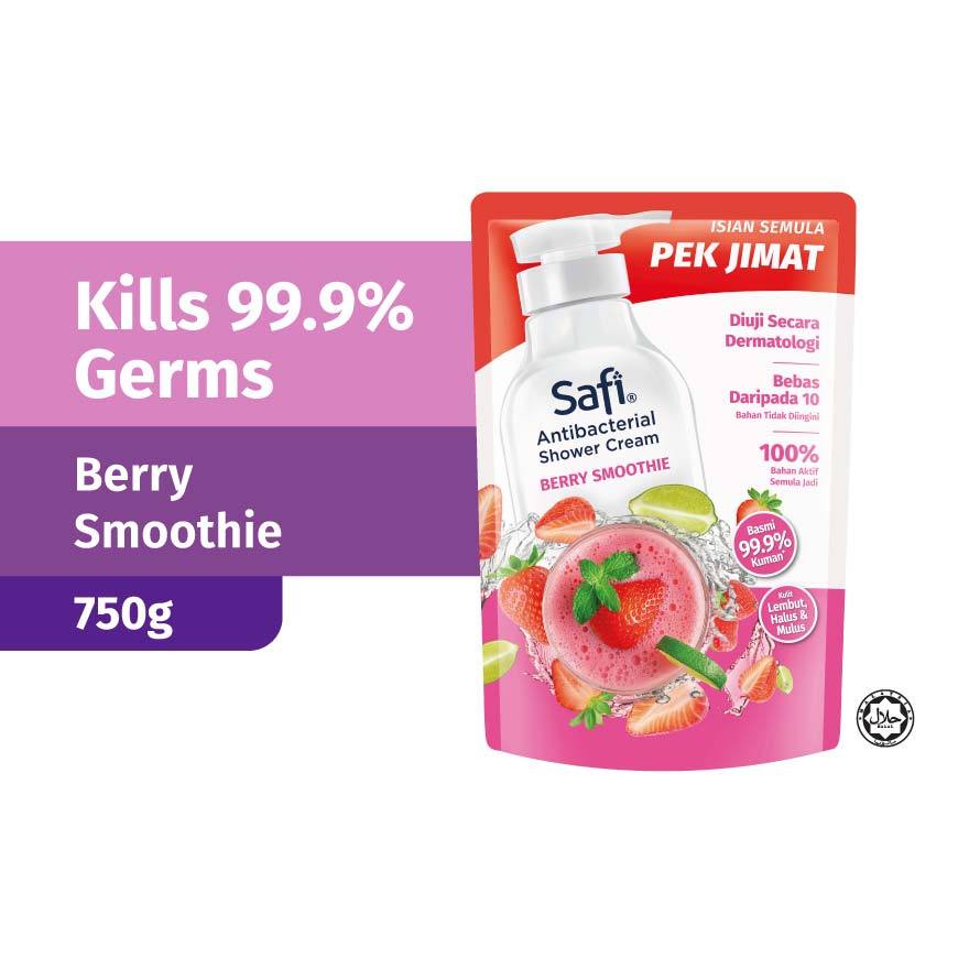SAFI Fruity Antibacterial Shower Pouch 750g | Berry Smoothie | Serai Lime Splash | Passion Honey Fro