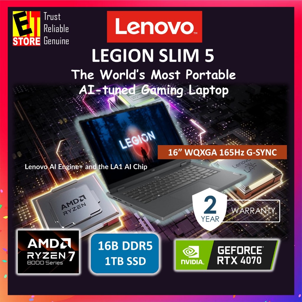 Lenovo Legion Slim 5 Gaming Laptop (Ryzen 7-8845HS/16GB/1TB SSD/RTX 4070 8GB/16 WQXGA 165Hz/ AI Chip/W11/Bag) 83DH000CMJ