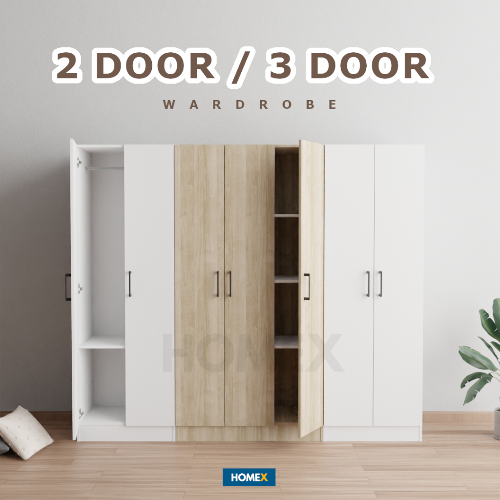 HOMEX Almari Baju Murah 2 Door 3 Door Wardrobe Clothes With 6 Shelves Soft Close Key Lock Bedroom Furniture Ikea Muji
