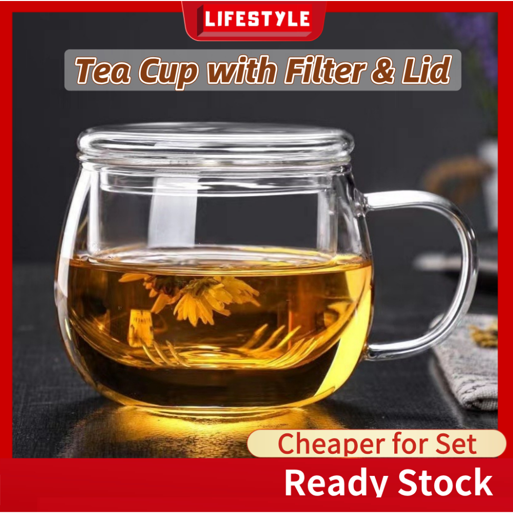 LIFESTYLE Cawan Teh Kaca dengan Penutup Set Cawan Air Kopi Tebal Tahan Haba Cawan Buah-Buahan Bunga Glass Cup