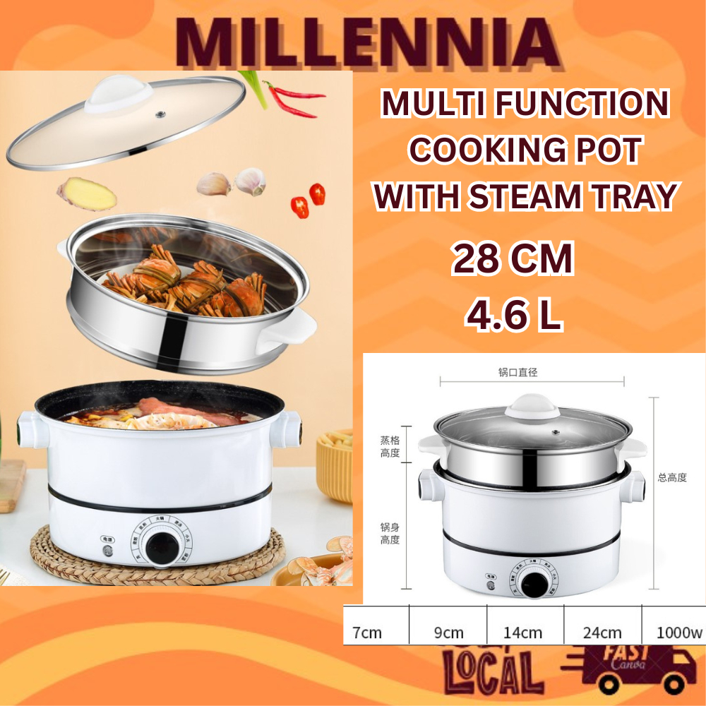 Premium Quality Big Capacity 4.6L Multi Function Non Stick Nutrition Electric Cooking Steamboat Hot Pot With Steam Tray