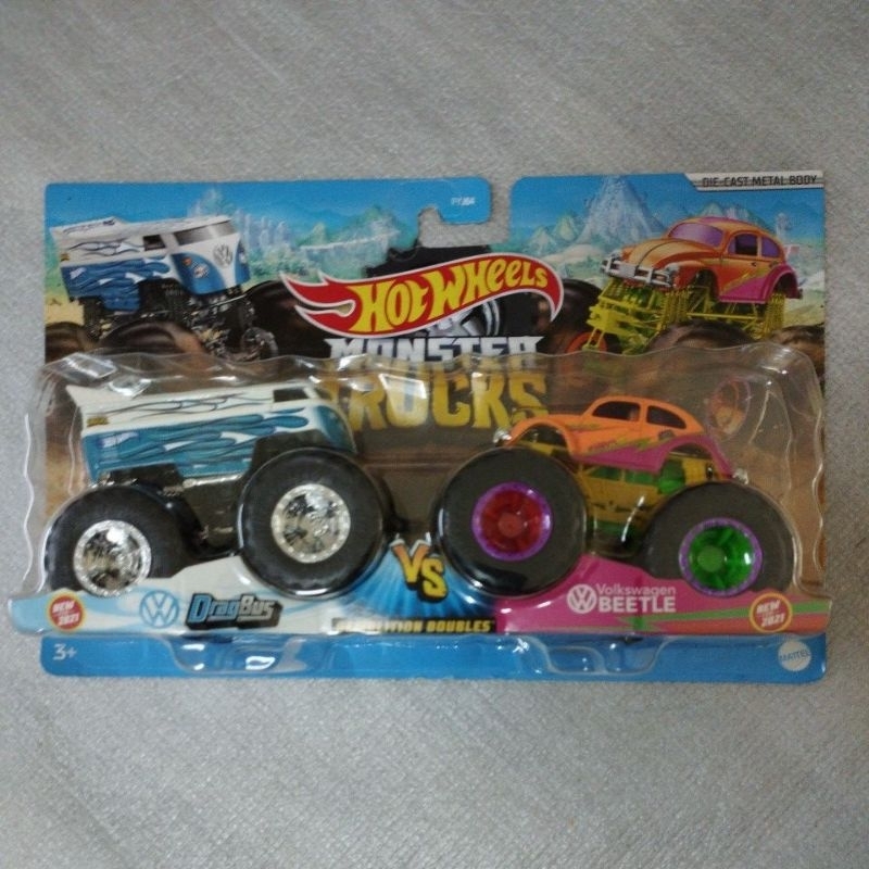 Hot Wheels Monster Trucks Demoliton Doubles VW Volkswagen Drag Bus vs Beetle HW Paint Crush Crash Legends Wrecker Series