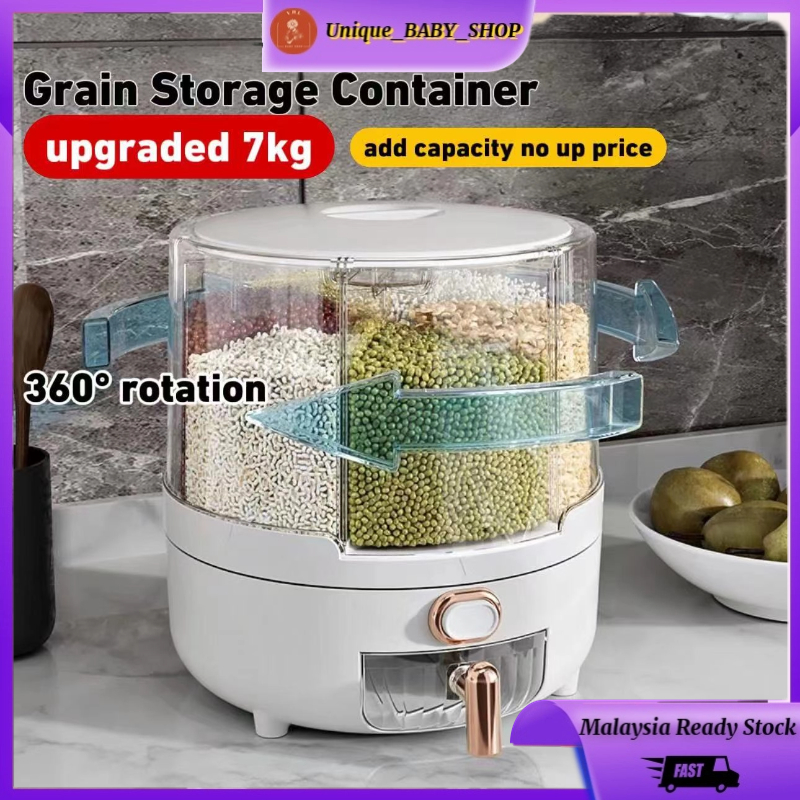 Upgraded 7KG 6 Grid Rotating Rice Dispenser Rice Storage Bucket Rice And Grain Storage Container*LARGE CAPACITY