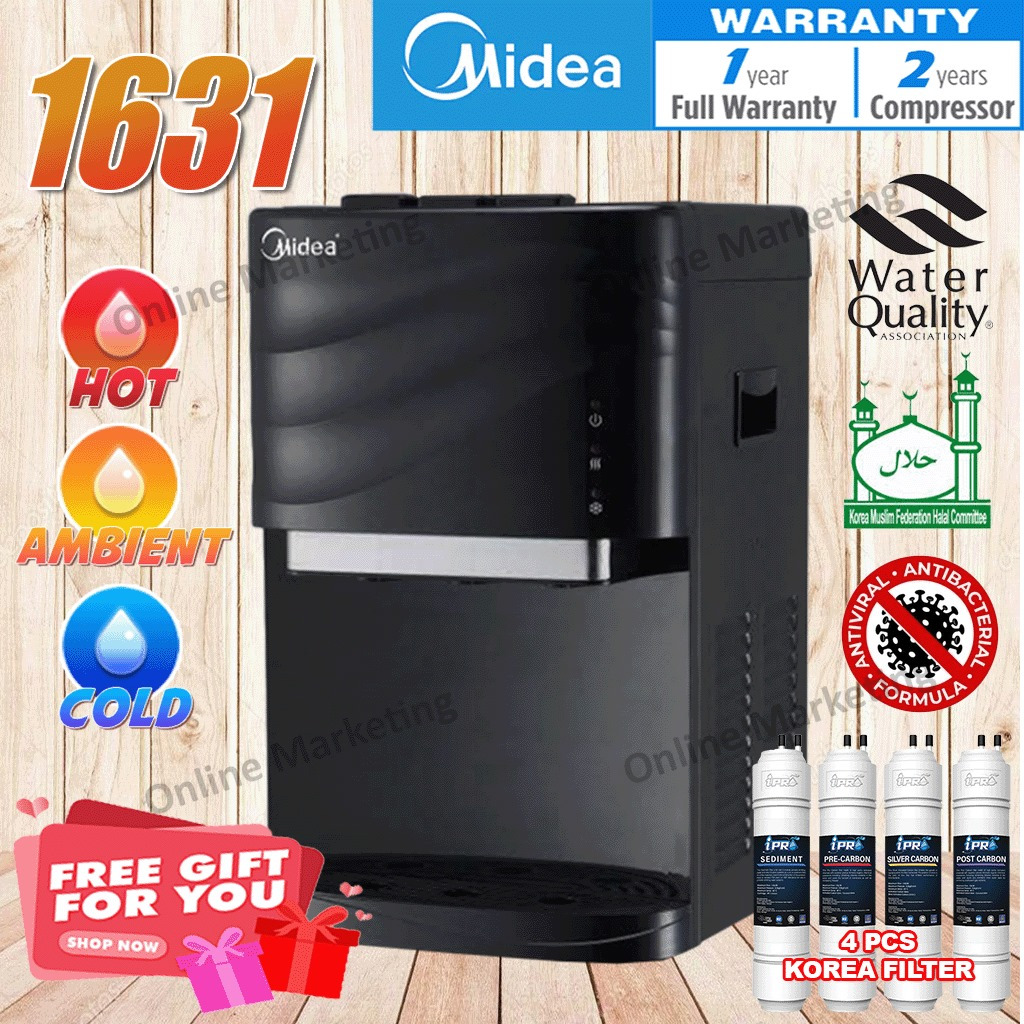 Midea Mild Alkaline Water Dispenser Penapis air 3 Suhu Hot Normal Cold Model: 1631or1635 With 4 halal Korea Water Filter