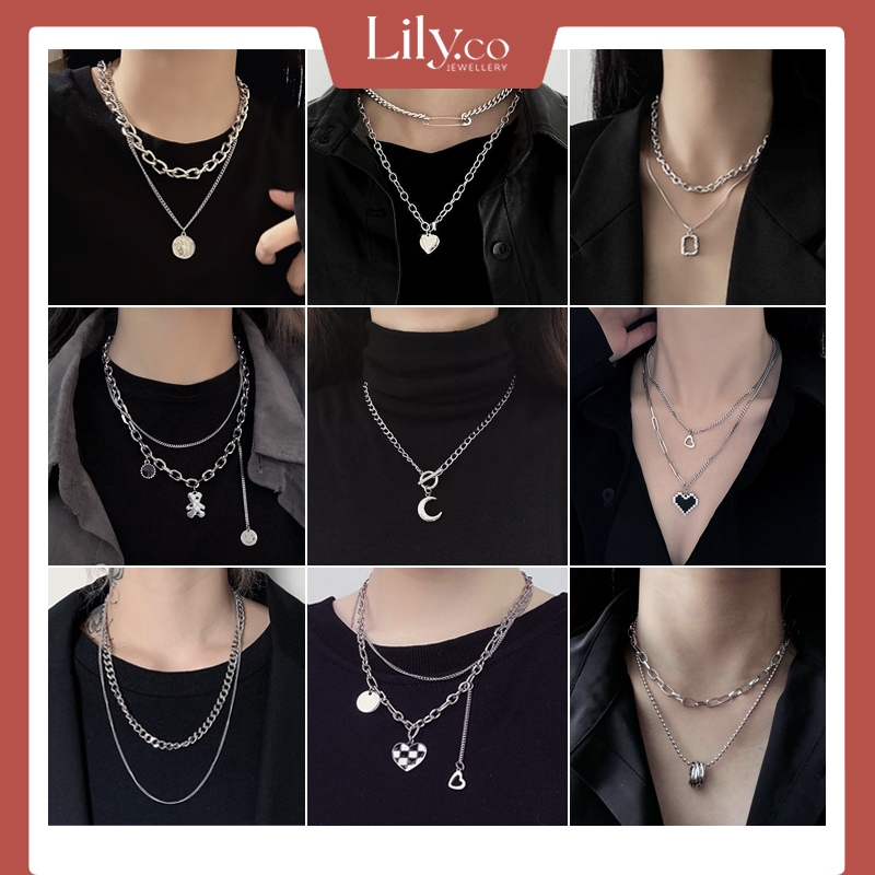 LILY.CO Y2K Fashion Silver Necklace Hip Hop Style Jewelry Butterfly Mosaic Heart Choker Pendant Ins Accessories✨