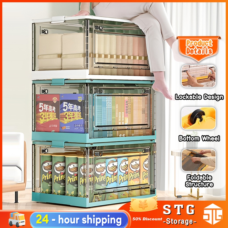 90L Foldable Storage Box with Lid Book Clothes Large Capacity Transparent Stackable Organizers Kotak Simpanan Lipat