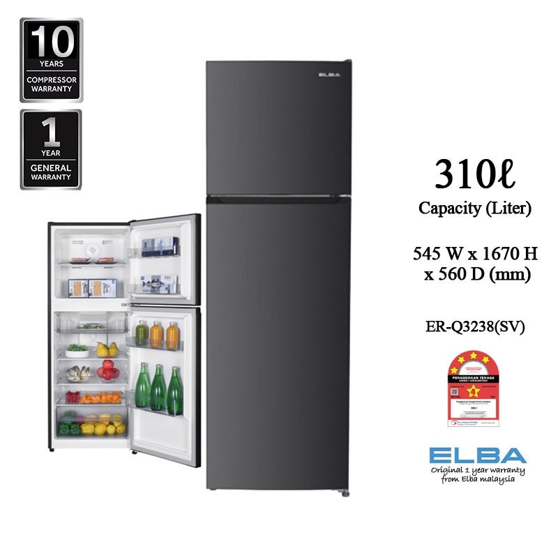 2024 NEW MODEL ( DELIVER KL AND SELANGOR ) ELBA 310L ULTIMO 2 DOOR REFRIDGERATOR ER-Q3238(SV)