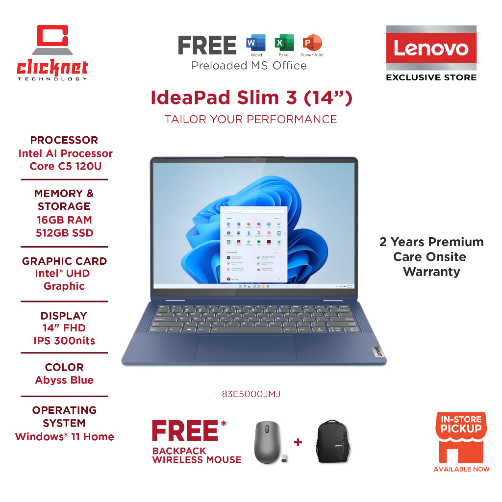 LENOVO IDEAPAD SLIM 3 14IRU9 83E5000JMJ/83E5000KMJ LAPTOP (Intel AI Processor Core C5 120U,16GB RAM,512GB SSD,14" W11)