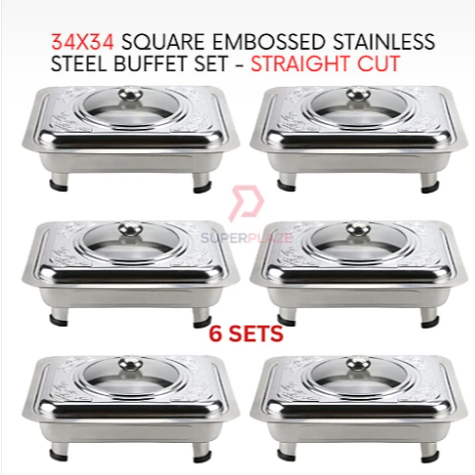 6 Sets 34x34 Square Embossed Stainless Steel Buffet Set Catering Serving Tray Food Pan Warmer Tray buffet makanan