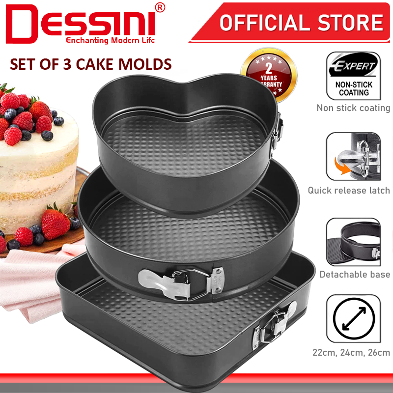 DESSINI ITALY 3 IN 1 Square Round Heart Shape Metal Mold Non Stick Detachable Baking Cake Mould Bake Pan / Acuan Kek