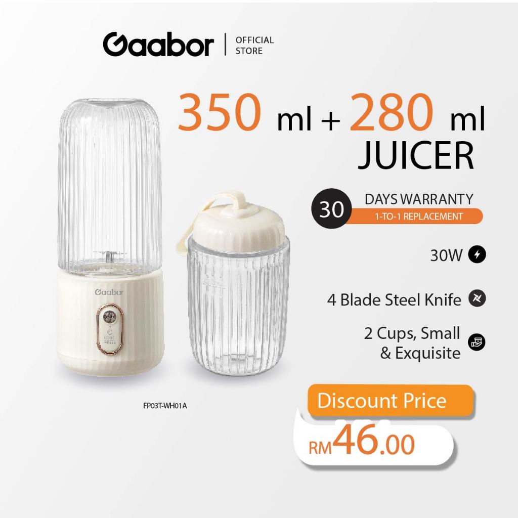 Gaabor High Capacity Wireless Portable Juicer Mini 6 Blade  Dual Cup FP03T-WH01A Fruit Juicer