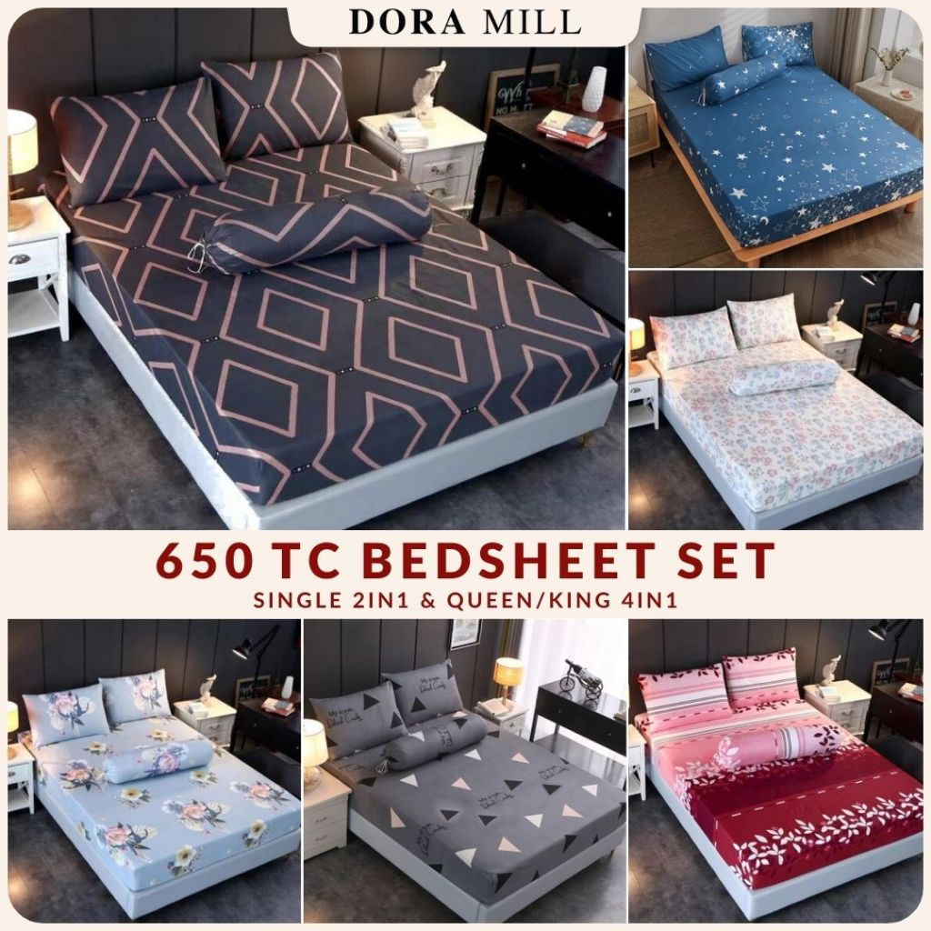 DORAMILL Premium King Queen 4in1 Single 2in1 Fitted Bedsheet Set Pillow Bolter Case Cadar Murah V#1