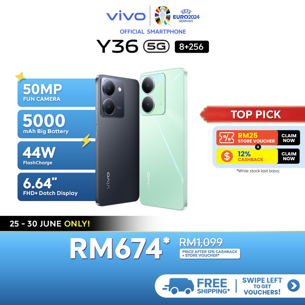 vivo Y36 5G Smartphone (8+8GB EXTENDED RAM+256GB ROM/44W FlashCharge/5000mAh/50MP Fun Camera/6.64" FHD+ Datch Display)