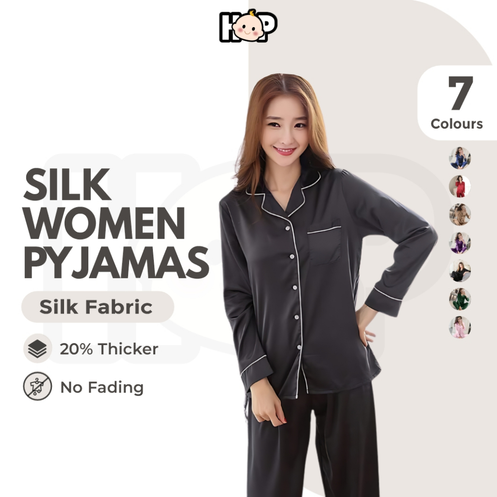 [M-5XL]Baju Tidur Wanita Silk Satin Lengan Panjang Pajamas Plus Size Baju Tidur Perempuan Dewasa Pyjamas Women Nightwear