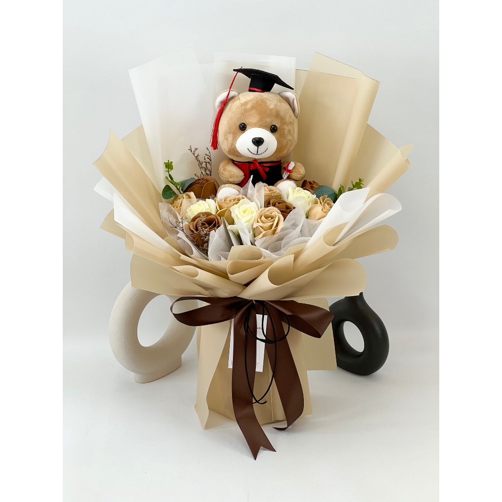 Soap Roses Flower Bouquet Graduation Flower Bouquet 12 Stalks with Graduation Bear Convo Graduation Gift Present