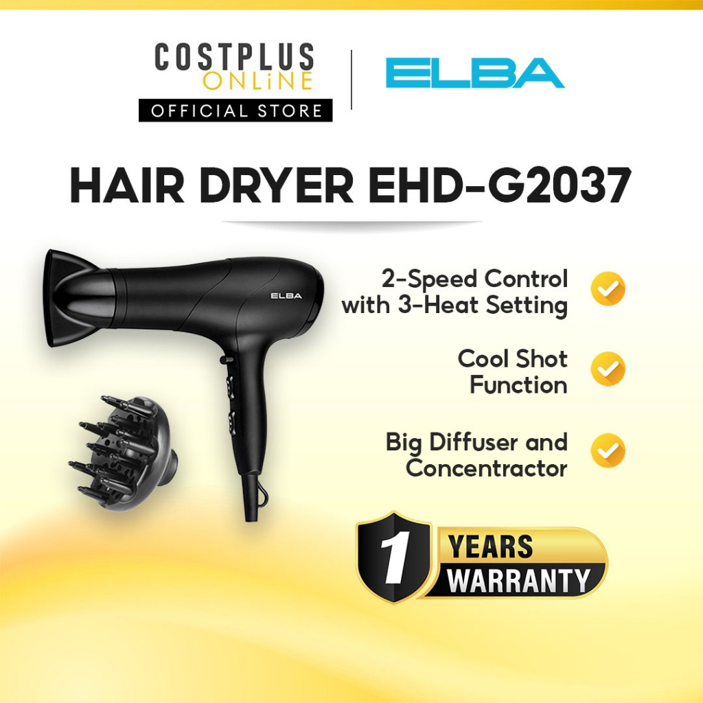 ELBA Hair Dryer EHD-G2037(BK) 1800-2000W 2000W 2 Speed 3 Heat Setting Strong Wind Pengering Rambut Cepat Kering 吹风筒